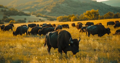 Buffalo grazing, massive and robust, contributing to farm sustainability.  - obrazy, fototapety, plakaty