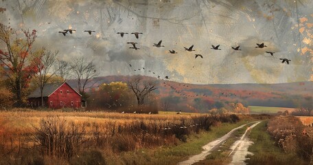 Geese flying in formation, returning to the farm, symbols of change and migration. - obrazy, fototapety, plakaty