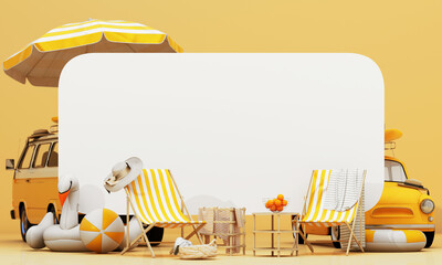 Small retro car with baggage, luggage and beach equipment on the roof, ready for summer vacation, cartoon concept of a road trip, with chair and umbrella on yellow background, 3d render illustration
