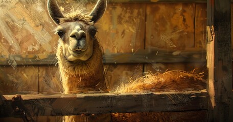 Fototapeta premium Llama looking curious, fur thick and soft, a friendly farm guardian. 