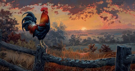 Rooster crowing at dawn, vibrant plumage, the farm's natural alarm clock.  - obrazy, fototapety, plakaty