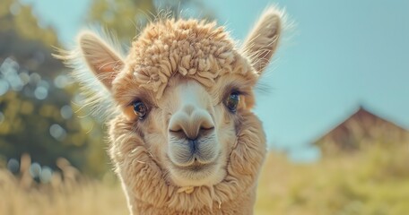 Fototapeta premium Alpaca with curious eyes, fleece luxurious, a gentle and valuable farm member. 