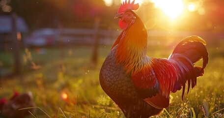 Rooster crowing at dawn, vibrant plumage, the farm's natural alarm clock.  - obrazy, fototapety, plakaty