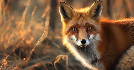 Red fox, bushy tail curled, eyes cunning and curious, a woodland survivor.  - obrazy, fototapety, plakaty