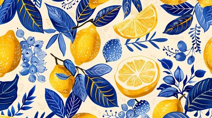 Digital yellow and blue lemon pattern illustration poster web page PPT background - obrazy, fototapety, plakaty