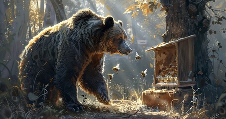 Bear pawing at a beehive, fur coarse, a giant of the forest.  - obrazy, fototapety, plakaty
