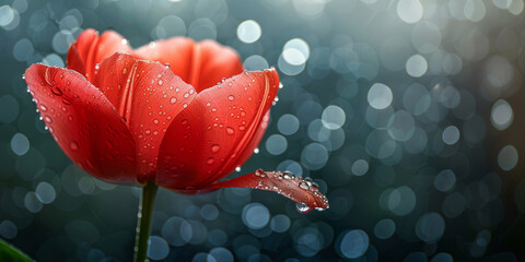 A vivid red tulip with refreshing water droplets stands out with a soft bokeh background, highlighting its delicate grace - Powered by Adobe