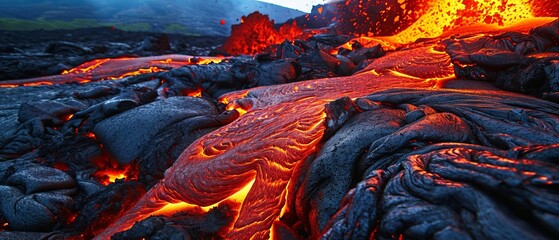 Immerse yourself in the awe-inspiring spectacle of nature's fury as fiery lava flows from the depths of the earth - obrazy, fototapety, plakaty