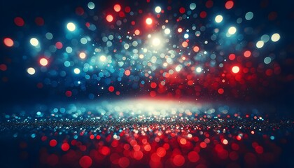 A vivid and sparkling spread of red, blue, and white bokeh lights, simulates a celebratory and magical atmosphere. abstract background with bokeh