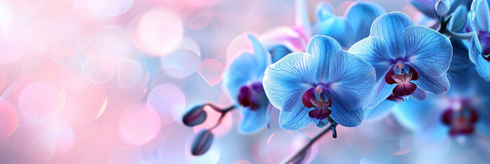 Blue tropical orchids with a soft blue and white gradient background.