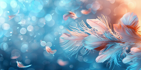 A mesmerizing display of delicate feathers floating in a mystical dance, highlighted by soft bokeh light on a serene blue backdrop - obrazy, fototapety, plakaty
