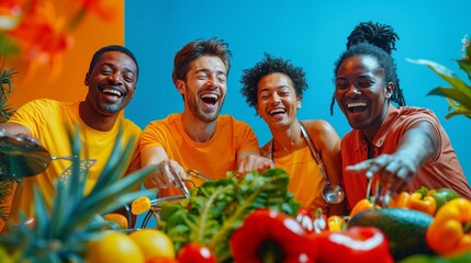 Exuberant friends share a laugh while preparing colorful meal with high-tech gadgets in a surreal...