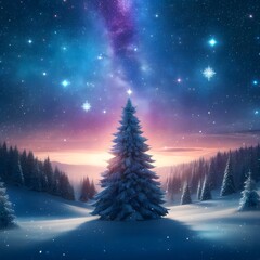 A majestic lone pine tree stands under a starry night sky with the Milky Way, above a serene, snow-covered landscape at dusk. christmas tree in the snow