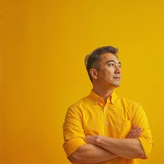 Obraz premium Contemplative middle-aged Asian architect in a yellow shirt poses thoughtfully, embodying professional confidence and experience