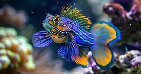 Fototapeta na wymiar Mandarinfish, vibrant colors and patterns, swimming gracefully, reef beauty.