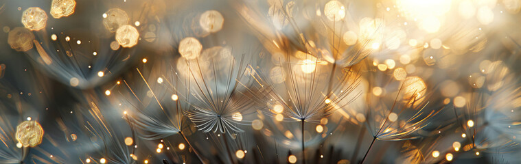 A panoramic view capturing the ethereal dance of dandelion seeds adrift in the air, illuminated by a warm, glittering bokeh light effect