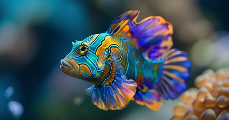 Mandarinfish, vibrant colors and patterns, swimming gracefully, reef beauty. 