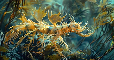 Leafy Sea Dragon, camouflaged among seaweed, delicate and ethereal. 