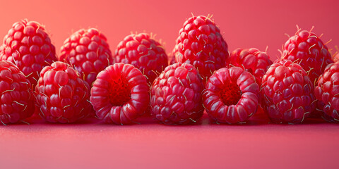 Composition of bright red raspberries with a soft red background for a sweet design