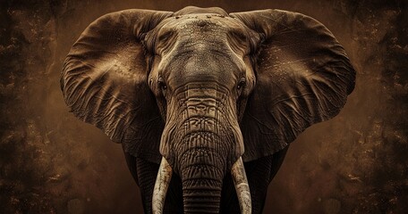 Elephant with large tusks, skin textured and wise eyes, family matriarch. - obrazy, fototapety, plakaty