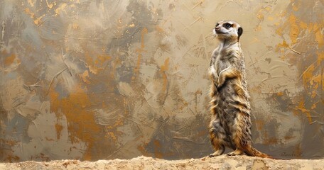 Meerkat standing upright, on lookout, the desert sentry. 