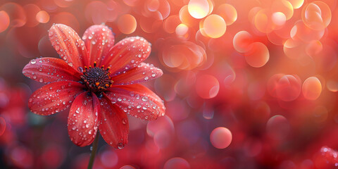 A scarlet flower, caressed by dew under a soft glow, stands against a sea of crimson bokeh, embodying passion and warmth - obrazy, fototapety, plakaty
