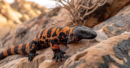 Fototapeta premium Gila Monster, vibrant and venomous, a rare sight among desert rocks. 