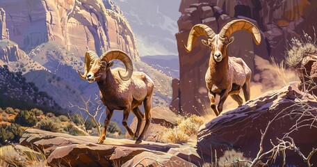 Desert Bighorn Sheep, horns impressive, navigating rocky terrain with ease.  - obrazy, fototapety, plakaty