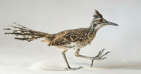 Fototapeta premium Roadrunner, mid-stride, iconic desert bird, feathers detailed against white. 