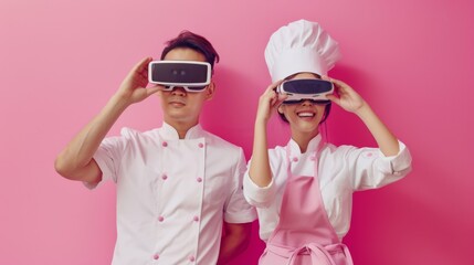 Chef duo in pink exploring virtual culinary landscapes, embracing technology and culinary arts in a futuristic learning experience