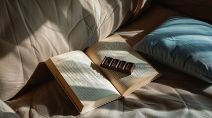 Quiet reading nook with luxury chocolate atop an open book, accented by soft lighting - obrazy, fototapety, plakaty