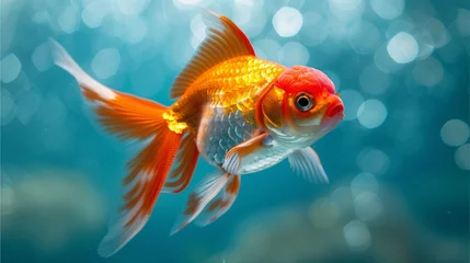 Fotobehang Photo of an orange-white fish with red hair. A goldfish swimming with air bubbles from its mouth in the water. In the blue water. © Nuntapuk