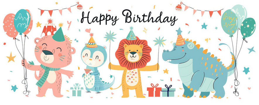 Set of cute cartoon animals with birthday gifts, balloons and text "Happy Birthday" on white background.