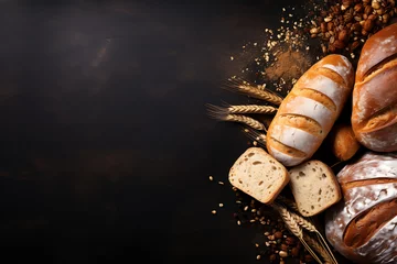 Dekokissen An elegant spread of various breads and baked treats, highlighted by the contrast against a dark, textured surface. Generative AI © Breyenaiimages