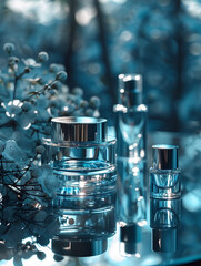 The cosmetic bottle is made of glass and has a beautiful top. Concept of luxury and elegance