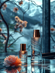 The cosmetic bottle is made of glass and has a beautiful top. Concept of luxury and elegance - obrazy, fototapety, plakaty