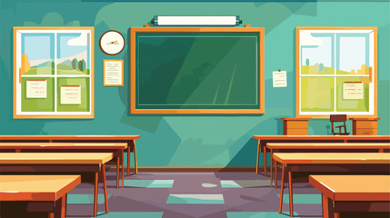 Empty classroom with desk and blackboard flat carto