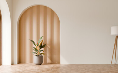 Interior wall with arch wood panel, Rubber tree plant, Wood parquet floor, 3D illustration.