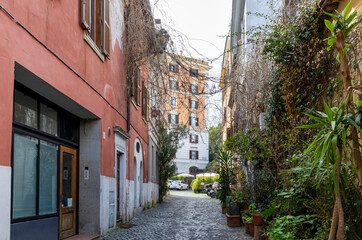 Narrow street to the Janiculum Hill in Rome, Italy