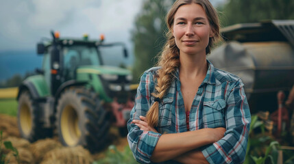 Proud Woman Farmer Standing Next to Agricultural Machinery in Farm Field