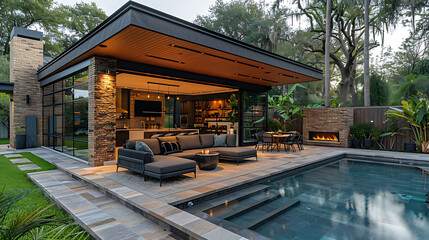Sunny Outdoor Living Features a Cozy Space with Modern Touches and Glass Walls