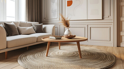 Modern Living Room: Cozy Sofa and Round Coffee Table on Beige Rug