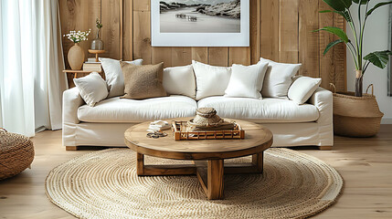 Scandinavian Home Decor: Beige Rug, Cozy Sofa, and Round Coffee Table Ensemble