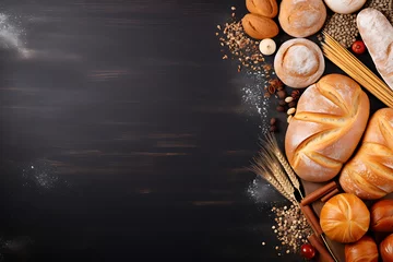 Foto auf Leinwand An elegant spread of various breads and baked treats, highlighted by the contrast against a dark, textured surface. Generative AI © Breyenaiimages