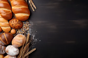 Foto op Plexiglas An elegant spread of various breads and baked treats, highlighted by the contrast against a dark, textured surface. Generative AI © Breyenaiimages
