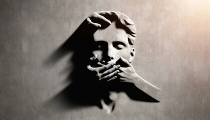 A minimalist paper art sculpture of a side profile face with a hand over its mouth, evoking a sense of silence, secrecy, and censored speech - obrazy, fototapety, plakaty