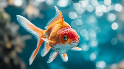 Goldfish swimming in an aquarium with oxygen bubbles.Generative AI illustration - obrazy, fototapety, plakaty