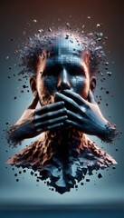 A dramatic digital artwork depicting a human face being silenced by hands, with a shattered effect, implying themes of censorship, repression, and the fragility of free expression - obrazy, fototapety, plakaty