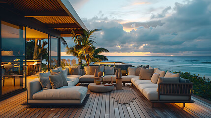 Fototapeta premium Coastal Escape: Elegant Outdoor Patio with Wooden Decking and Ocean View