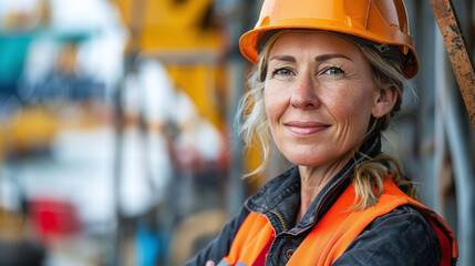 Middle-Aged Woman in Hard Hat and Work Vest Smirks While Working at Construction Site